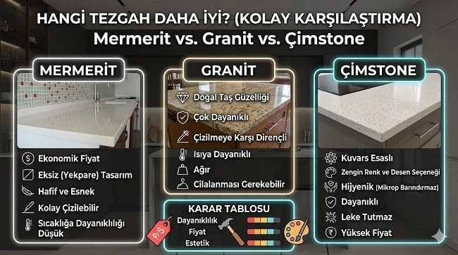 Mutfak tezgahım mermerit mi granit mi çimstone mu olsa daha iyi olur?